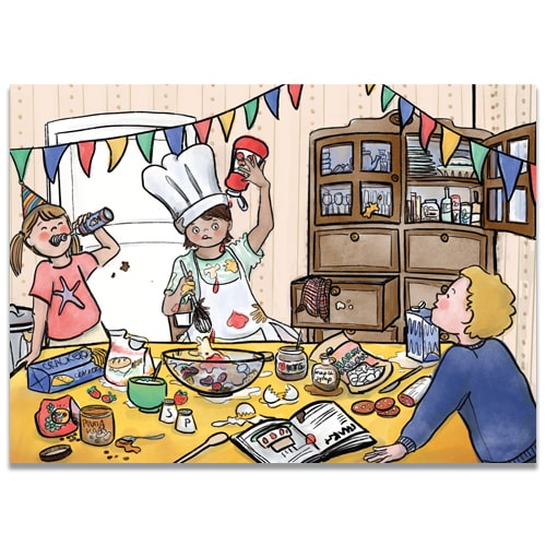 Verjaardagskaartje feestelijk, grappig vrolijk taartje maken