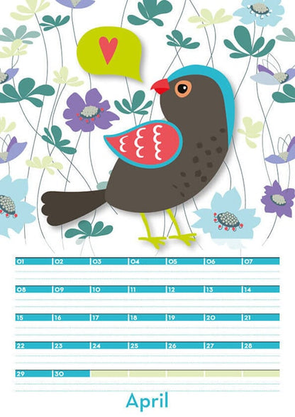 Maandblad verjaardagskalender hippe vogels