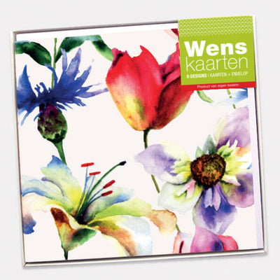 Voordelige verpakking van 8 verschillende wenskaarten met prachtige kleurrijke aquarellen van bloemen