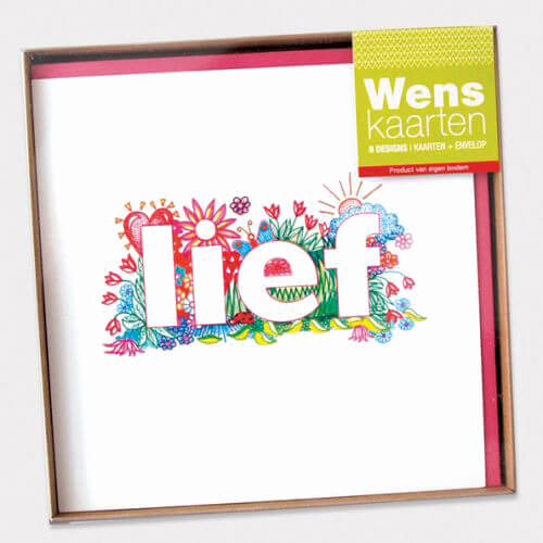 voordelige doosje kaarten met kleurrijke illustraties; bedankt, lief, gefeliciteerd ..