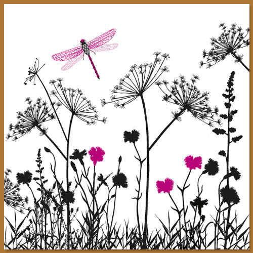 Wenskaart met wilde bloemen en libelle