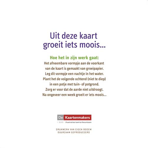 Instructie op achterkant wenskaart groeipapier en kinderwagen