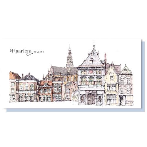 Kaart van Haarlem, oude tekening met Hoofdwacht en Bavokerk