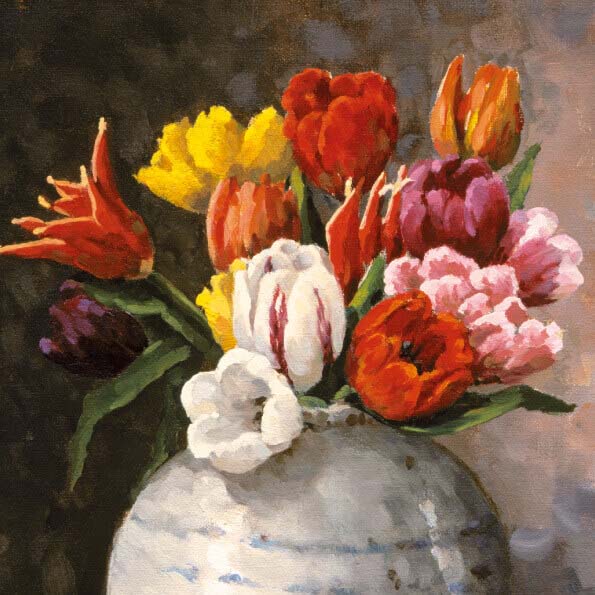 wenskaart bloemen vaas tulpen, kunst van Leo van den Ende