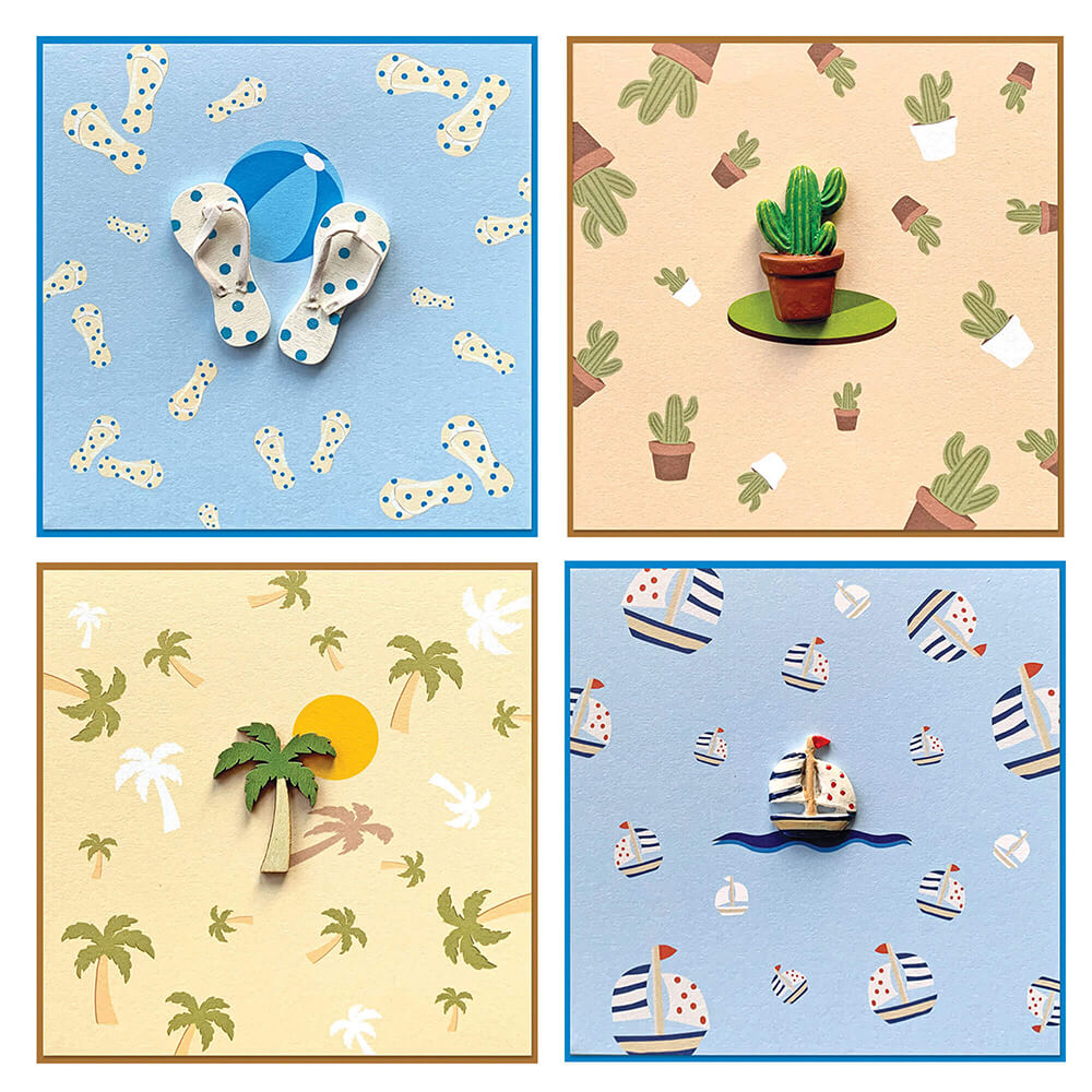 Wenskaarten zomer; cactus, slippers, zeiboot en palmboom