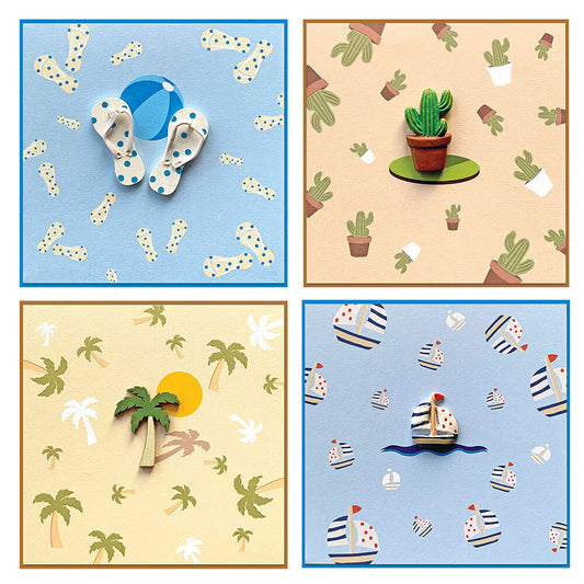 Wenskaarten zomer; cactus, slippers, zeiboot en palmboom