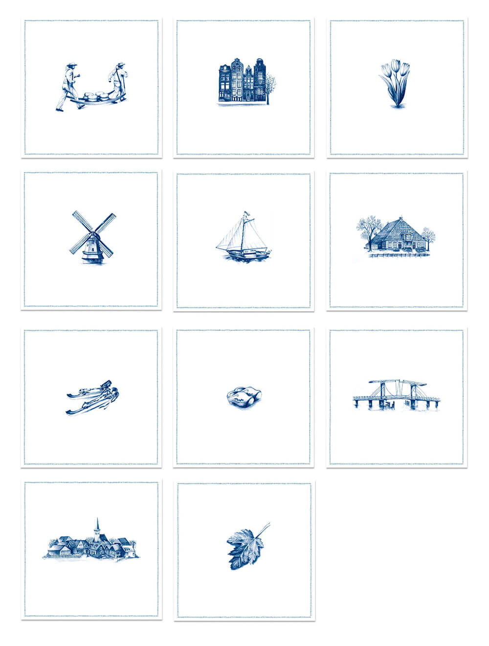 Wenskaarten typisch Hollandse illustraties in delfstblauwe kleuren