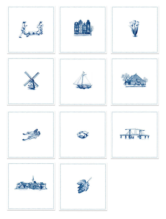 Wenskaarten typisch Hollandse illustraties in delfstblauwe kleuren