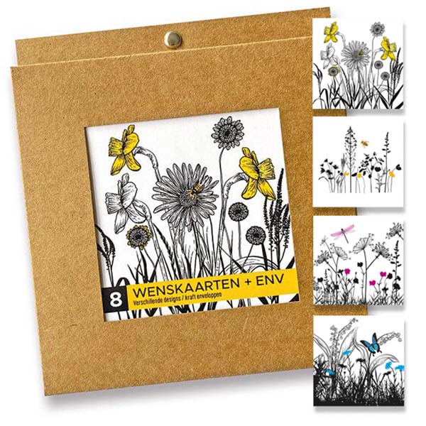Bloemenkaarten set,  8 wenskaarten met envelop