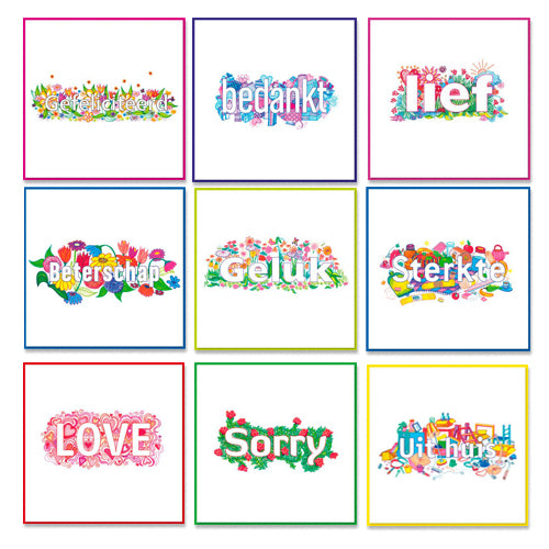 Kaarten met diverse thema's, vrolijk en getekend