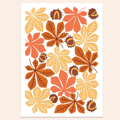 Wenskaartje met herfst blad en kastanjes