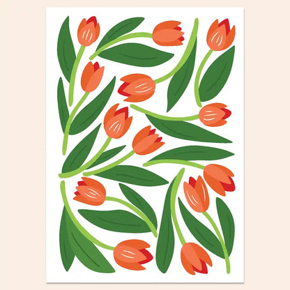 Bloemenkaartje met rode oranje tulpen en groen blad