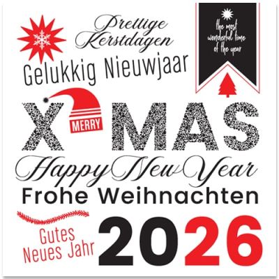Kerstkaart 2025 in meerdere talen, rood en zwart/wit