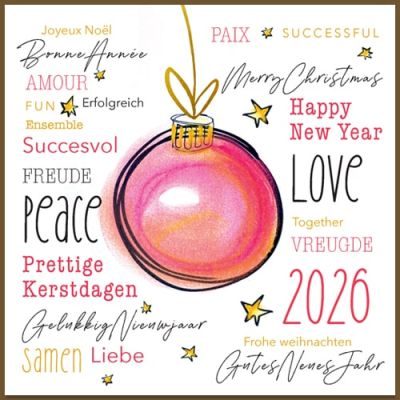 Kerstkaart 2025 leuke kerstwensen en getekende kerstbal