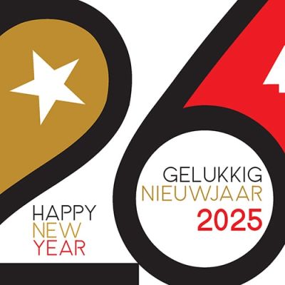 Nieuwjaarskaart 2025 groot jaartal rood zwart goud