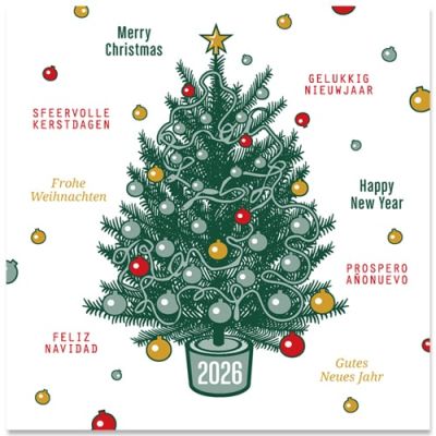 Kerstkaart 2026, groene kerst in meerder talen, getekend