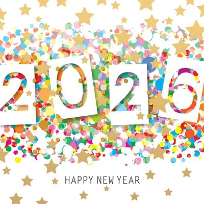 nieuwjaarskaart 2025 sterren confetti feestelijk glanzend goud