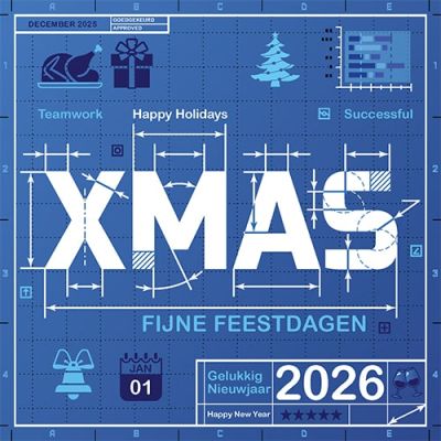Kerstkaarten 2025 Bouw Techniek in blauw en wit. 
