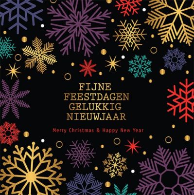Luxe kerstkaart schitterende sterren en sneeuwvlokken op zwart, met goud foliedruk