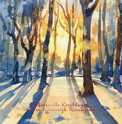  Kunst Kerstkaarten aquarel van bos in de winter met stralende zon