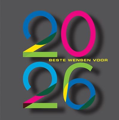 Nieuwjaarskaart 2026 met jaartal in vrolijke kleuren op donkere achtergrond