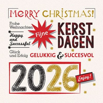 Kerstkaart 2026 rode ster, met meerdere talen